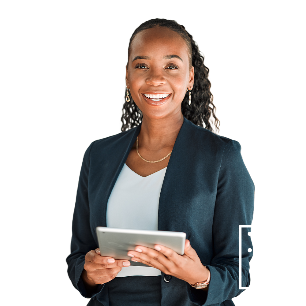 Website header image of a smiling black woman in a blue business suit. She is a digital accessibility consultant holding a tablet and she is surrounded by icons depicting accessibility, braille touch and a voice computer recording.